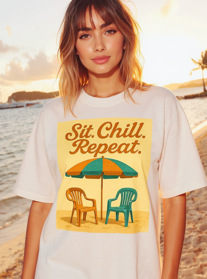 Sit. Chill. Repeat. Beach Vibes T-Shirt - assets-task_01k0mr59dhfjfvcs86e0g5tbg2-1753043253_img_0-on-model-1-flux-2025-07-21T20-08-37-914Z.png