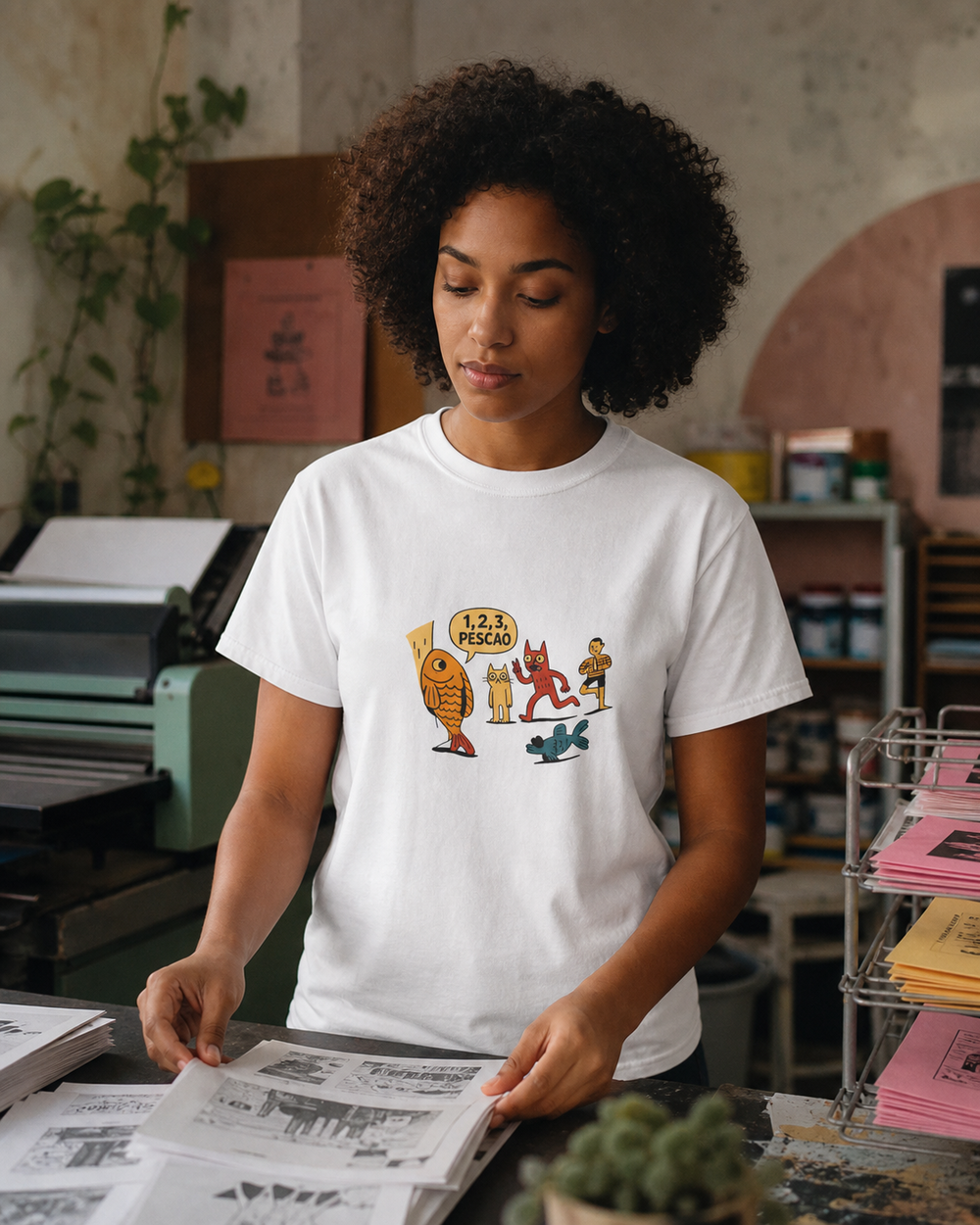 Puerto Rican adult wearing 1, 2, 3, Pescao in a relaxed creative setting
