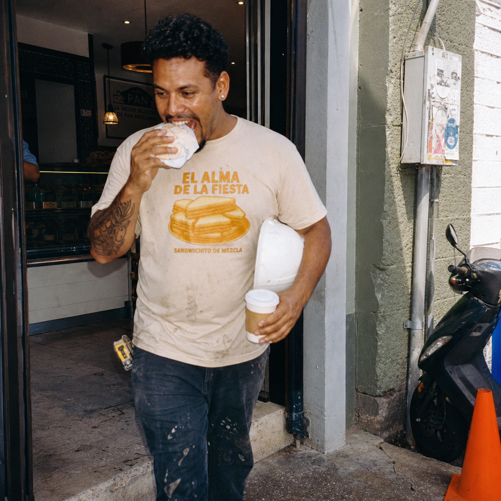 Puerto Rican adult wearing EL ALMA DE LA FIESTA - Sandwichito De Mezcla in a relaxed creative setting