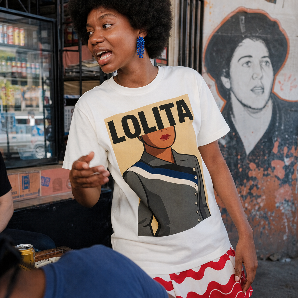 Puerto Rican adult wearing LOLITA T-Shirt Design in a relaxed creative setting