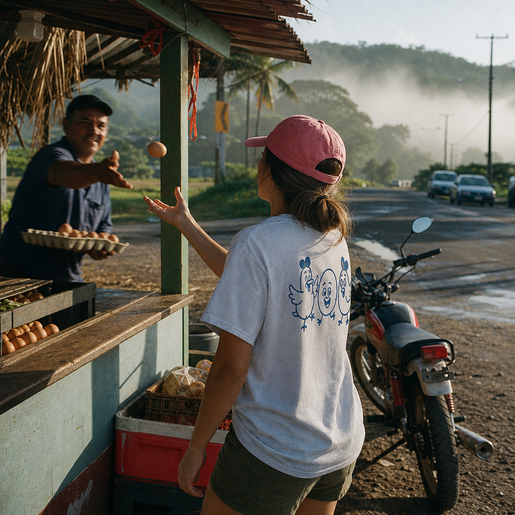 Puerto Rican adult wearing BUENOS DÍAS CAPEA HUEVOS LOCALES in a relaxed creative setting