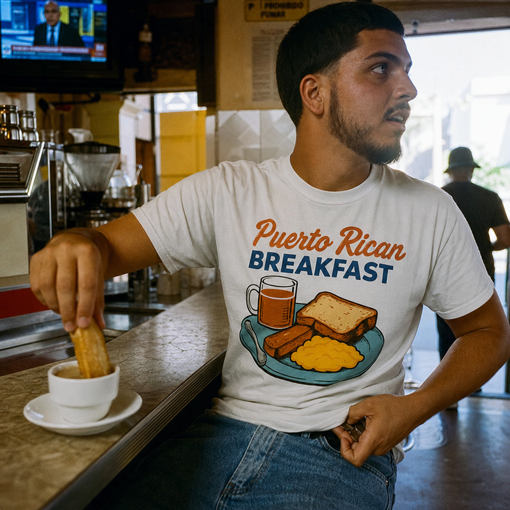 Puerto Rican adult wearing Puerto Rican Breakfast T-Shirt in a relaxed creative setting