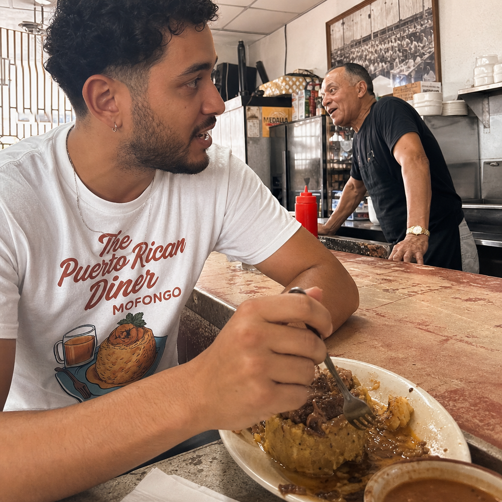 Puerto Rican adult wearing The Puerto Rican Diner Mofongo in a relaxed creative setting