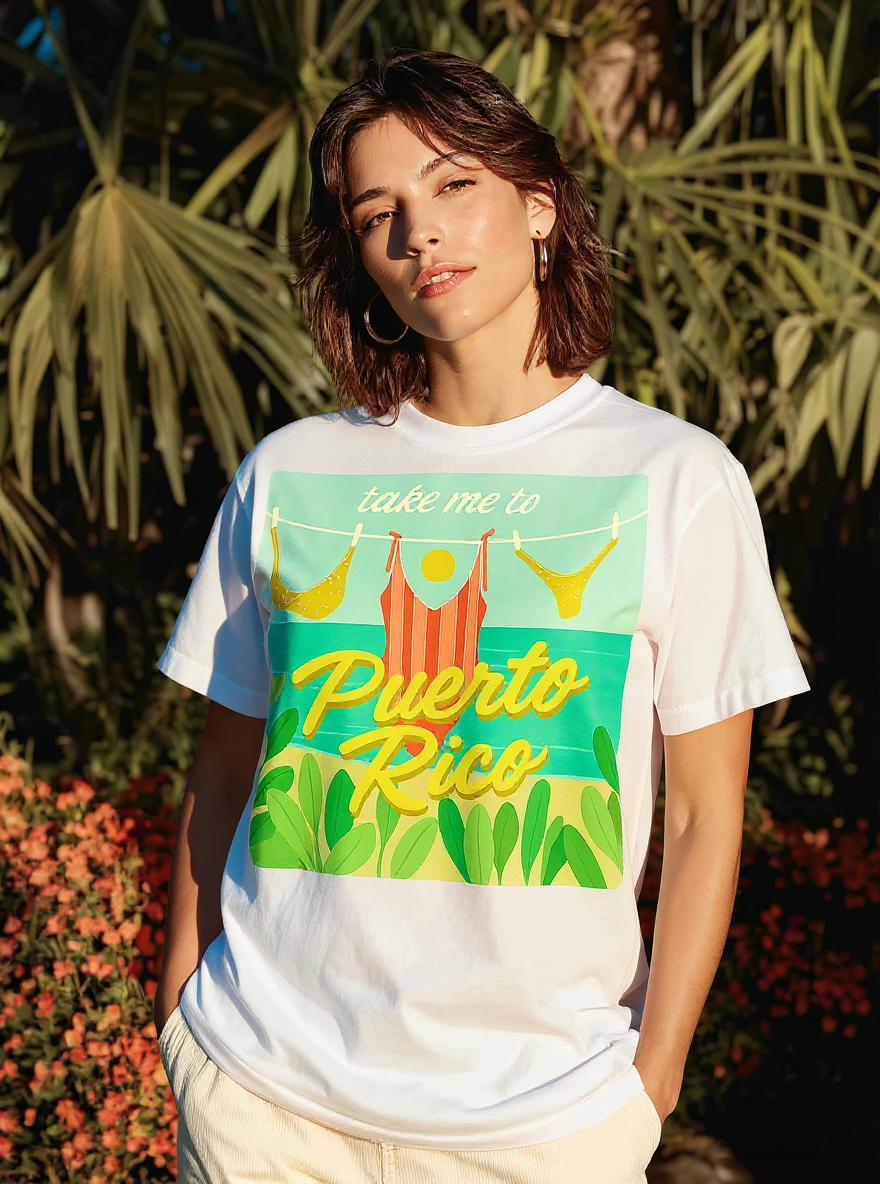 Take Me to Puerto Rico Travel T-Shirt - assets-task_01k0pkhqsmf96s6z1rnvvzcw96-1753105573_img_3-on-model-1-flux-2025-07-21T20-10-53-158Z.png