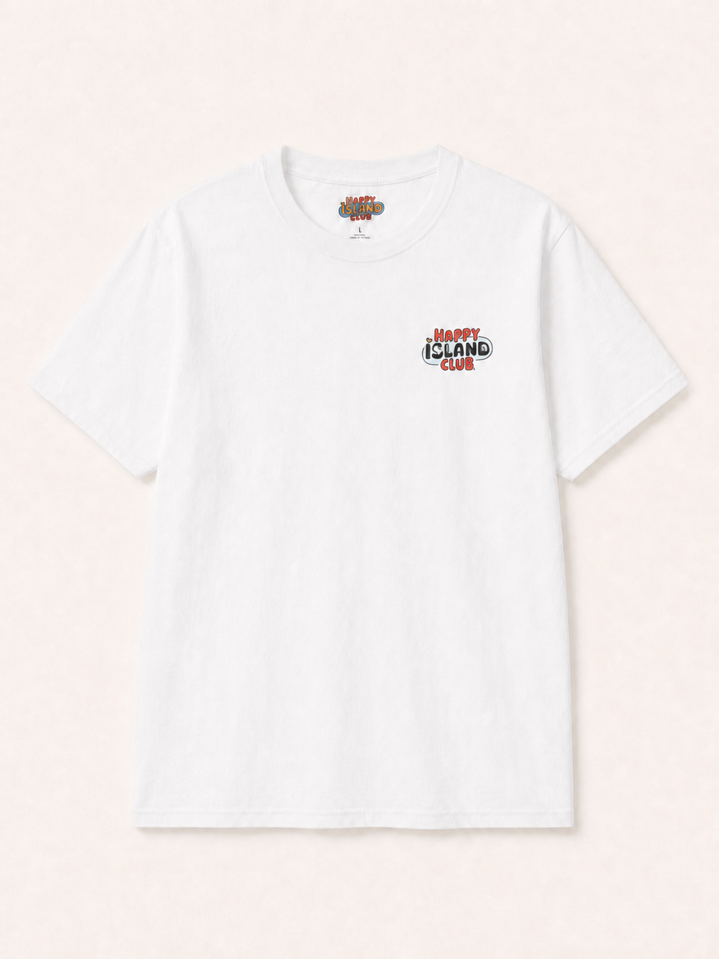 Front of Algaro Tee with Red Chevron with artwork-matched Happy Island Club left-breast logo, integrated by Images 2.0
