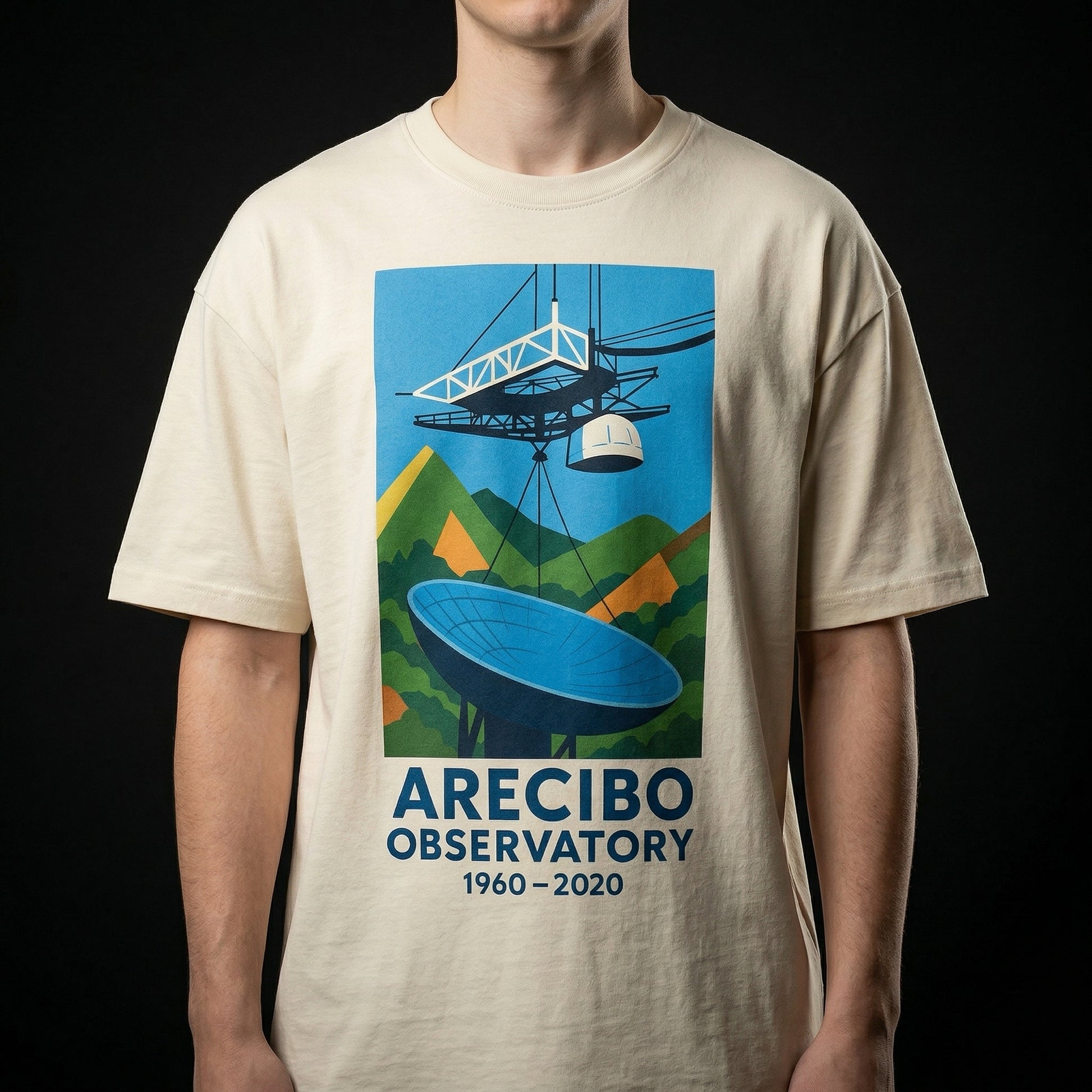 ARECIBO OBSERVATORY 1960–2020 T-Shirt — arecibo-observatory-1960-2020--studio-03-chest-print