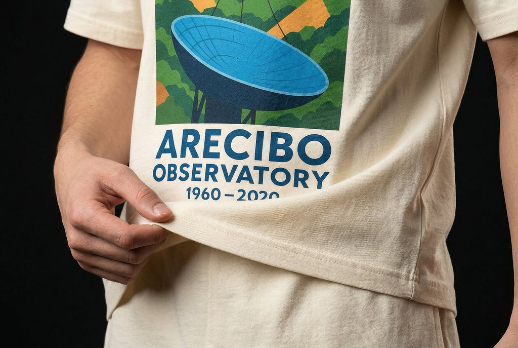 ARECIBO OBSERVATORY 1960–2020 T-Shirt — arecibo-observatory-1960-2020--studio-05-hem-hand