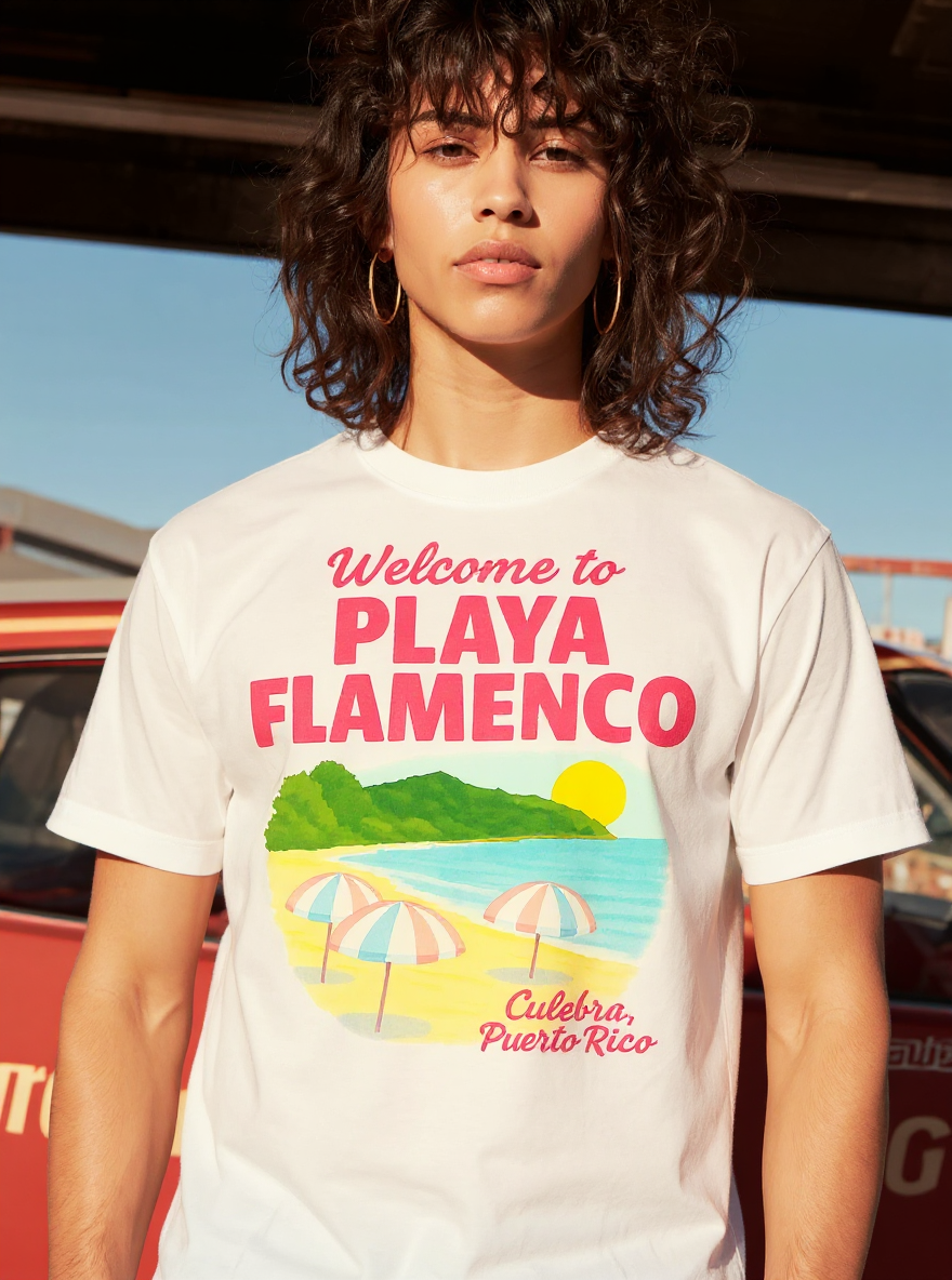 Welcome to Playa Flamenco T-Shirt - assets-task_01k0mnm9h1fyhsk08d4vw9cg3m-1753040608_img_2-on-model-1-flux-2025-07-21T20-05-17-556Z.png