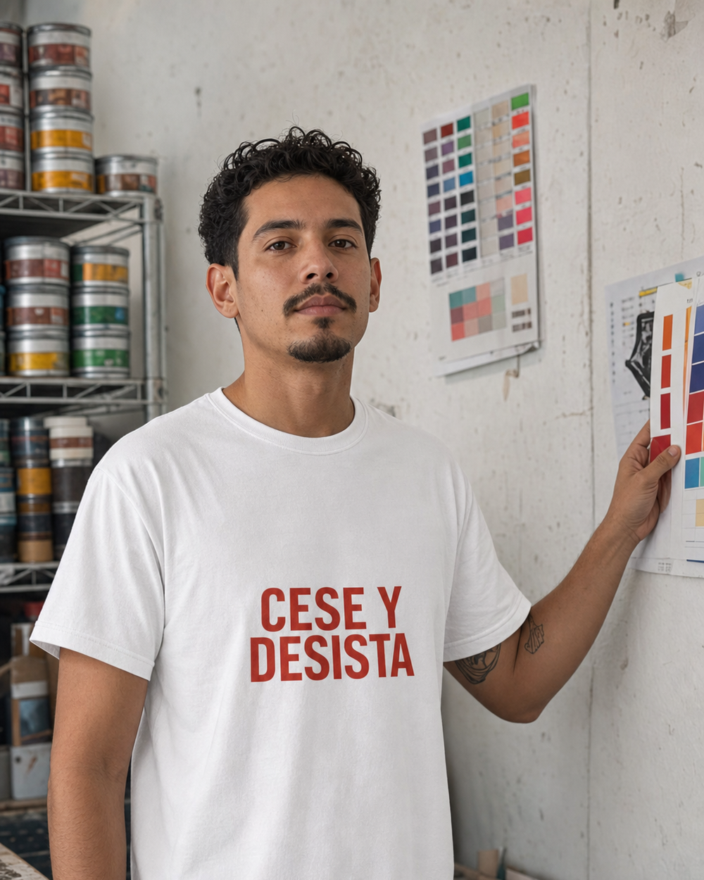 Puerto Rican adult wearing CESE Y DESISTA in a relaxed creative setting