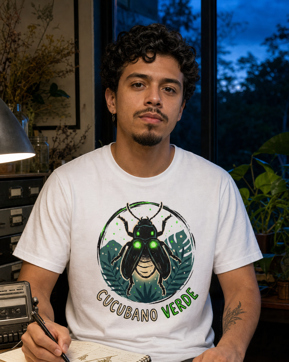 Puerto Rican adult wearing CUCUBANO VERDE in a relaxed creative setting