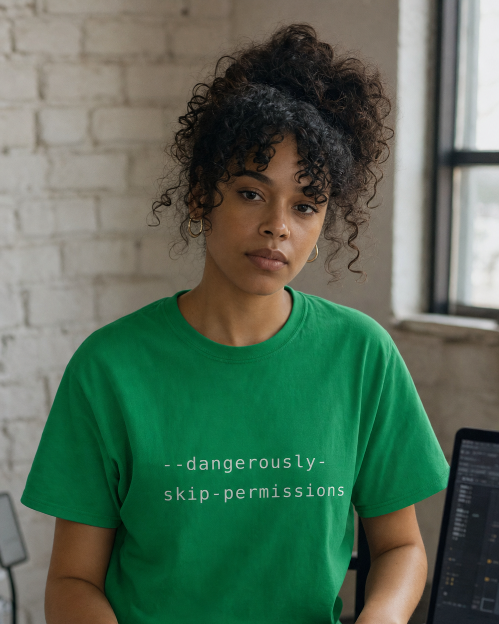 Puerto Rican adult wearing Cyber Coding T-Shirt in a relaxed creative setting