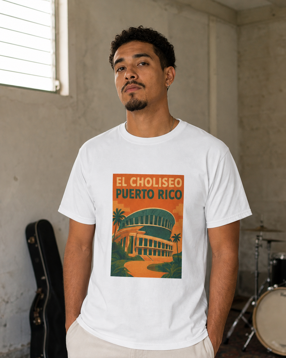 Puerto Rican adult wearing EL CHOLISEO PUERTO RICO in a relaxed creative setting