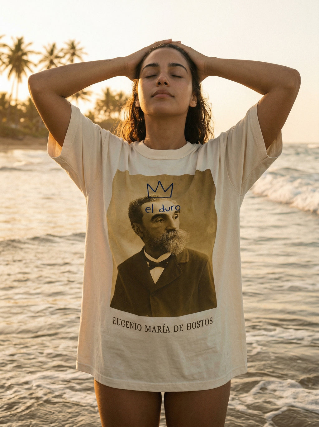 El Duro - Eugenio María de Hostos T-Shirt — el-duro-eugenio-mar-a-de-hosto-lifestyle-a-arms-up-sun-stretch