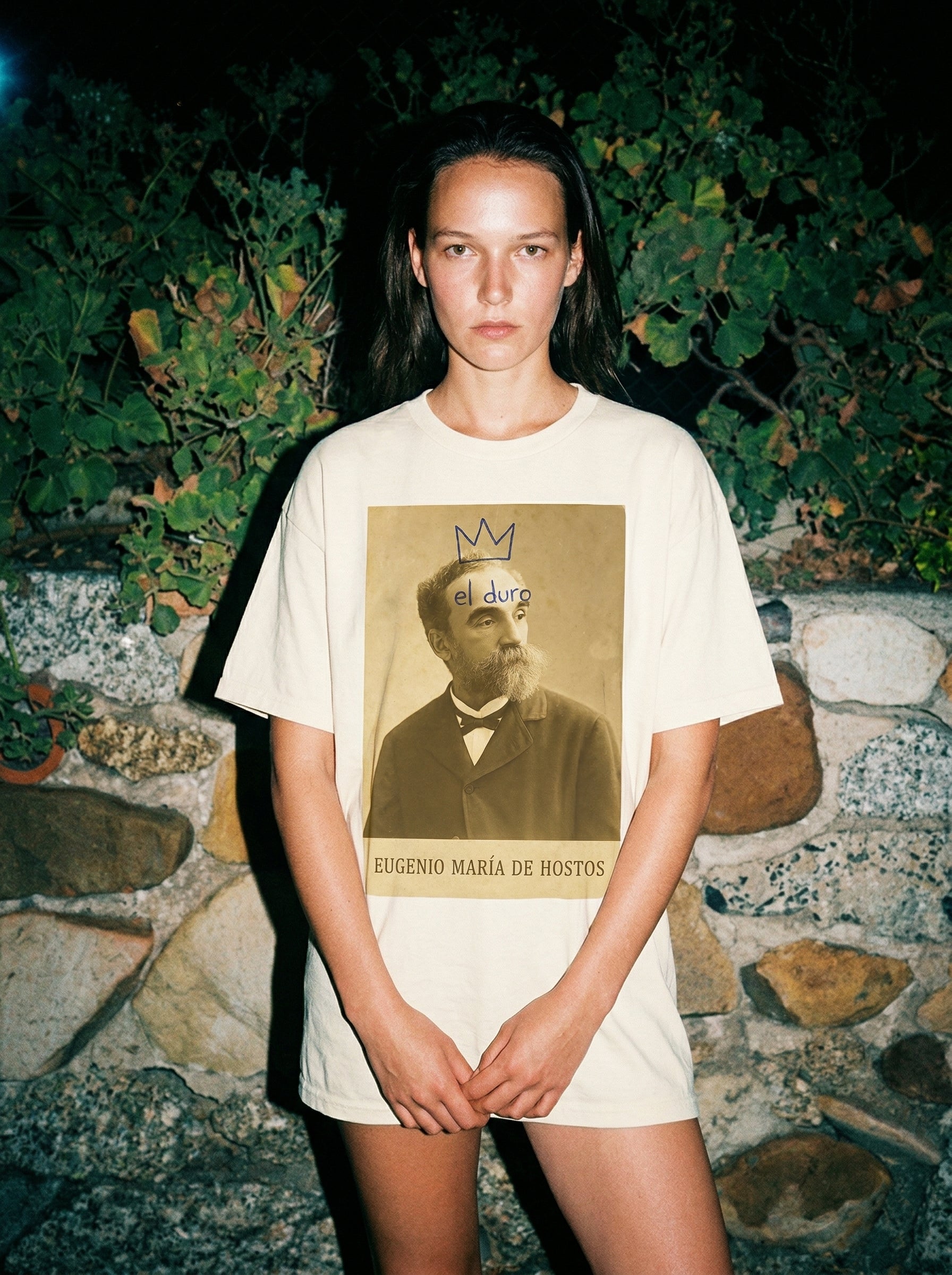 El Duro - Eugenio María de Hostos T-Shirt — el-duro-eugenio-mar-a-de-hosto-lifestyle-b-stone-wall-night-flash