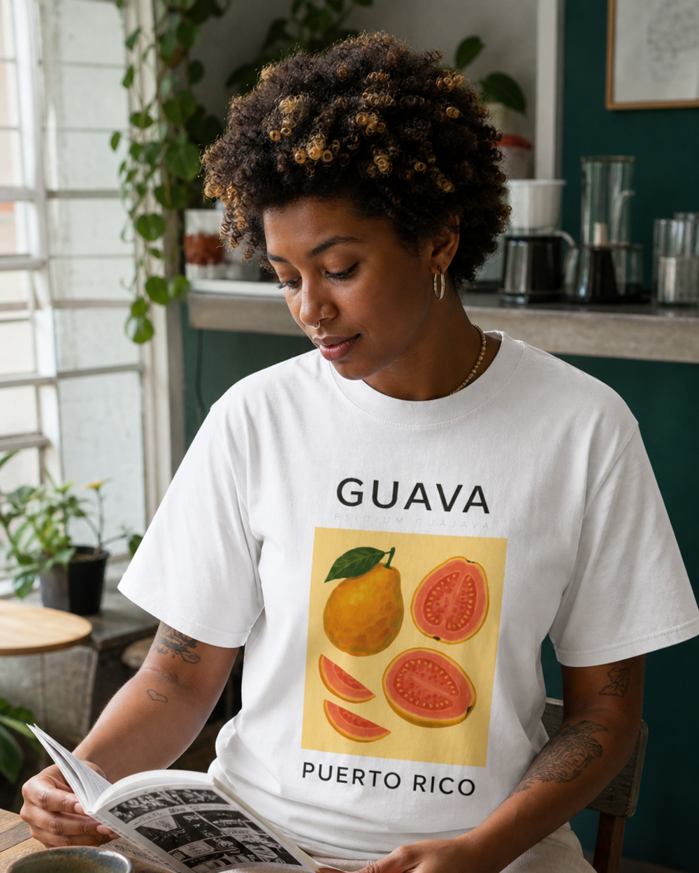Puerto Rican adult wearing Guava Puerto Rico T-Shirt in a relaxed creative setting