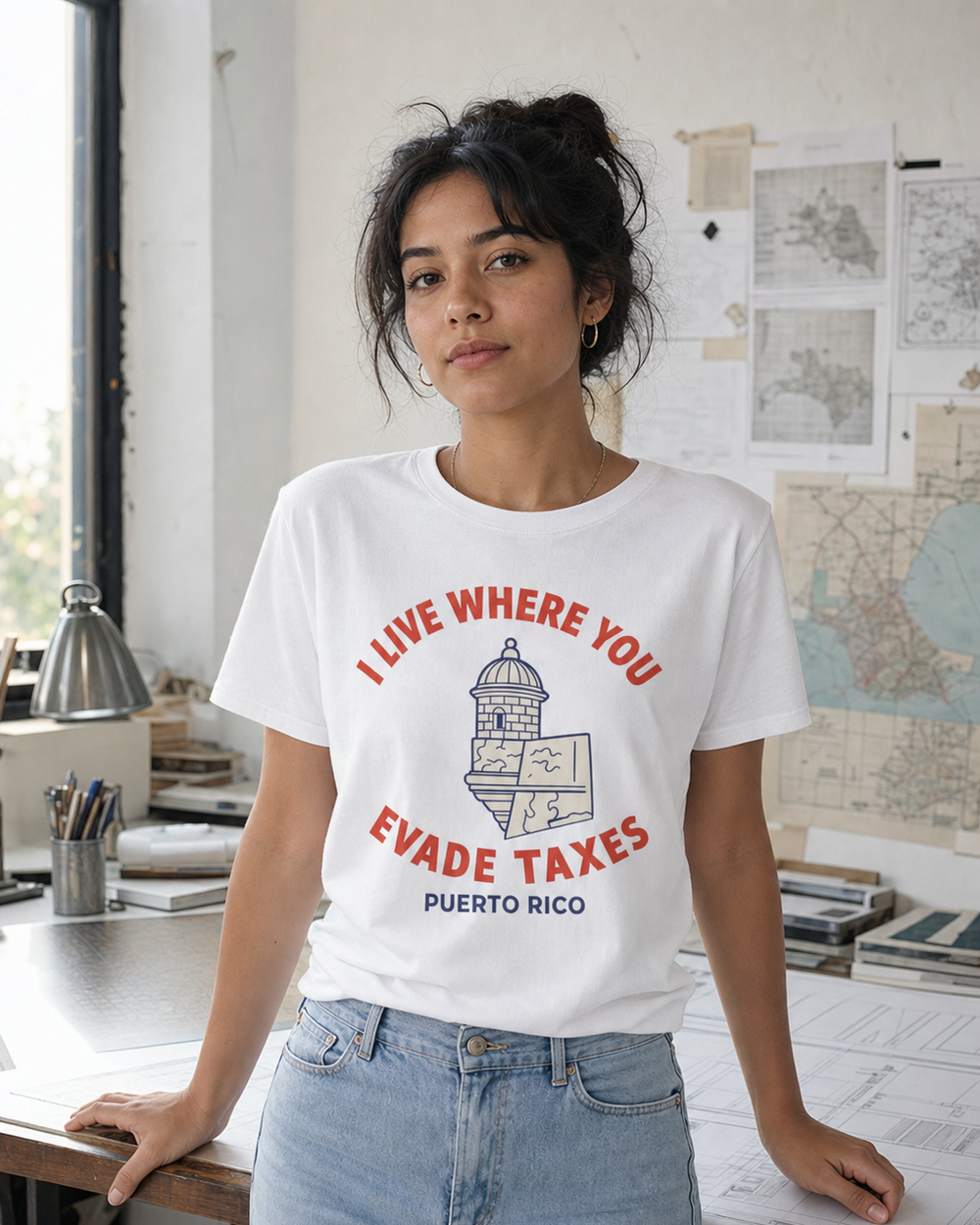 Puerto Rican adult wearing I Live Where You Evade Taxes - Puerto Rico in a relaxed creative setting