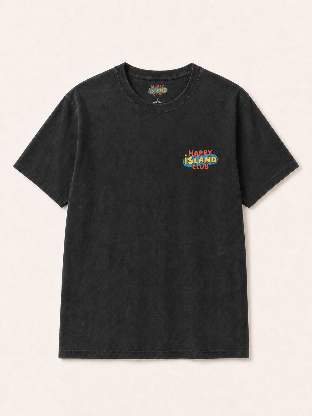Front of La Mostra T-Shirt with artwork-matched Happy Island Club left-breast logo, integrated by Images 2.0