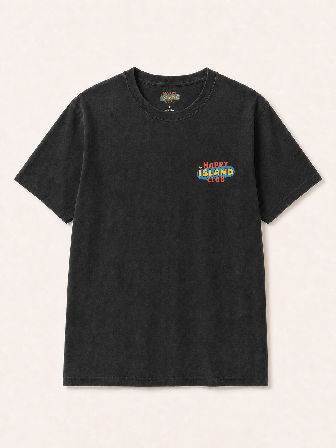 Front of La Mostra T-Shirt with artwork-matched Happy Island Club left-breast logo, integrated by Images 2.0