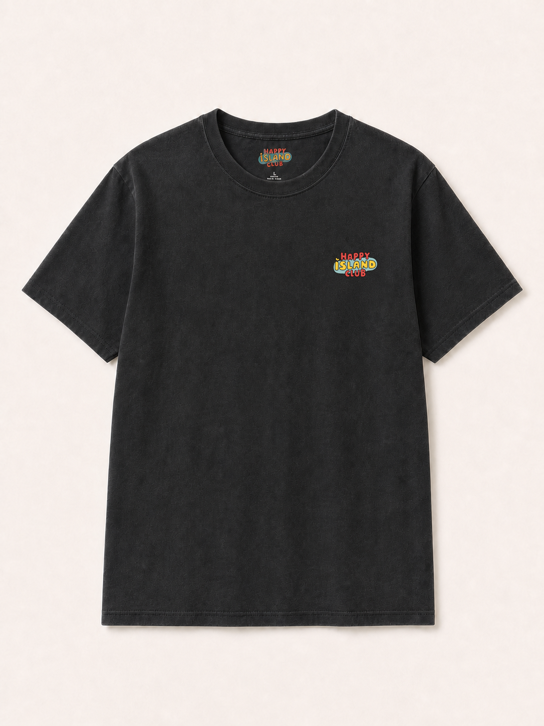 Front of La Mostra T-Shirt with authentic Happy Island Club left-chest logo — approved Option C placement