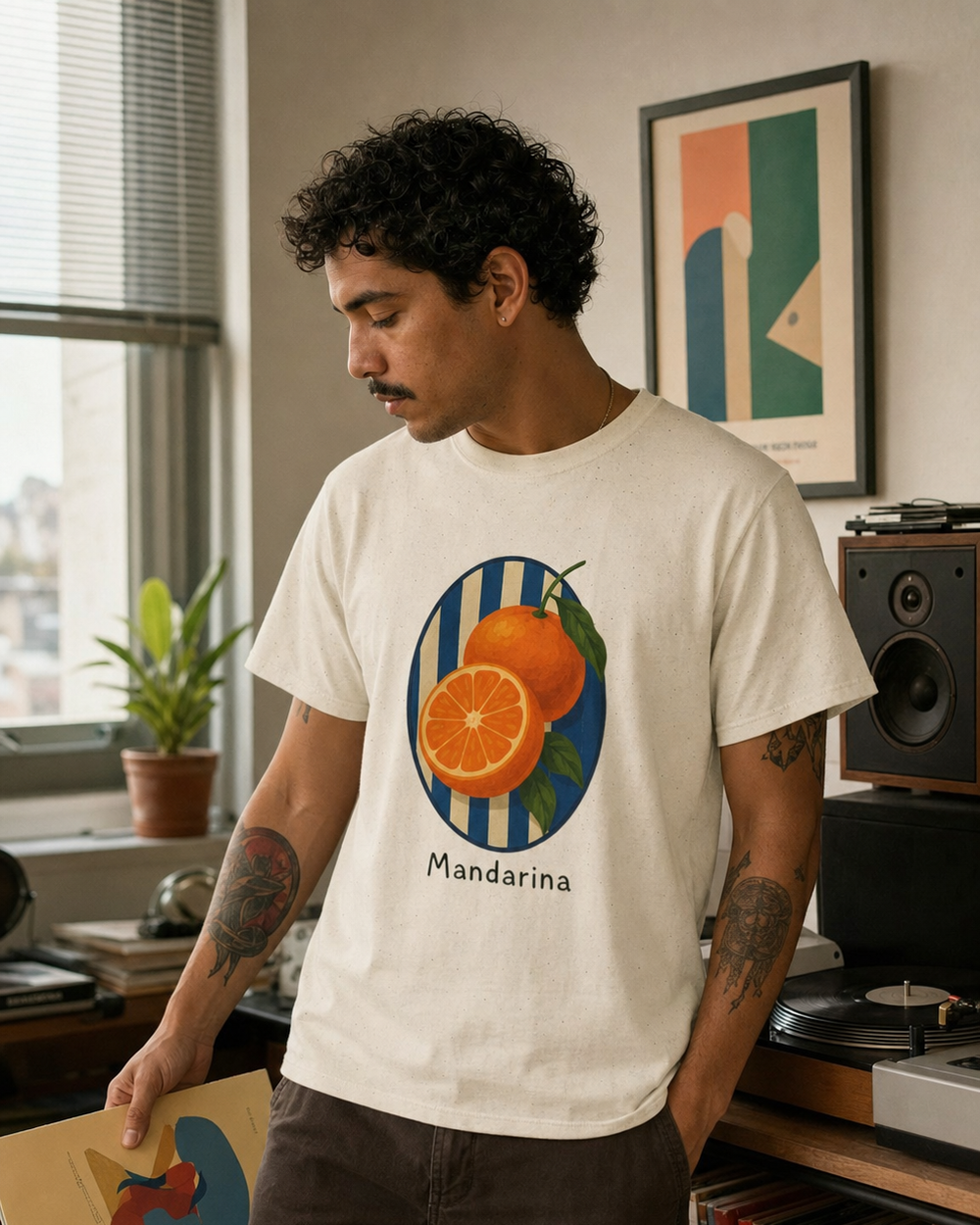 Puerto Rican adult wearing Mandarina T-shirt in a relaxed creative setting