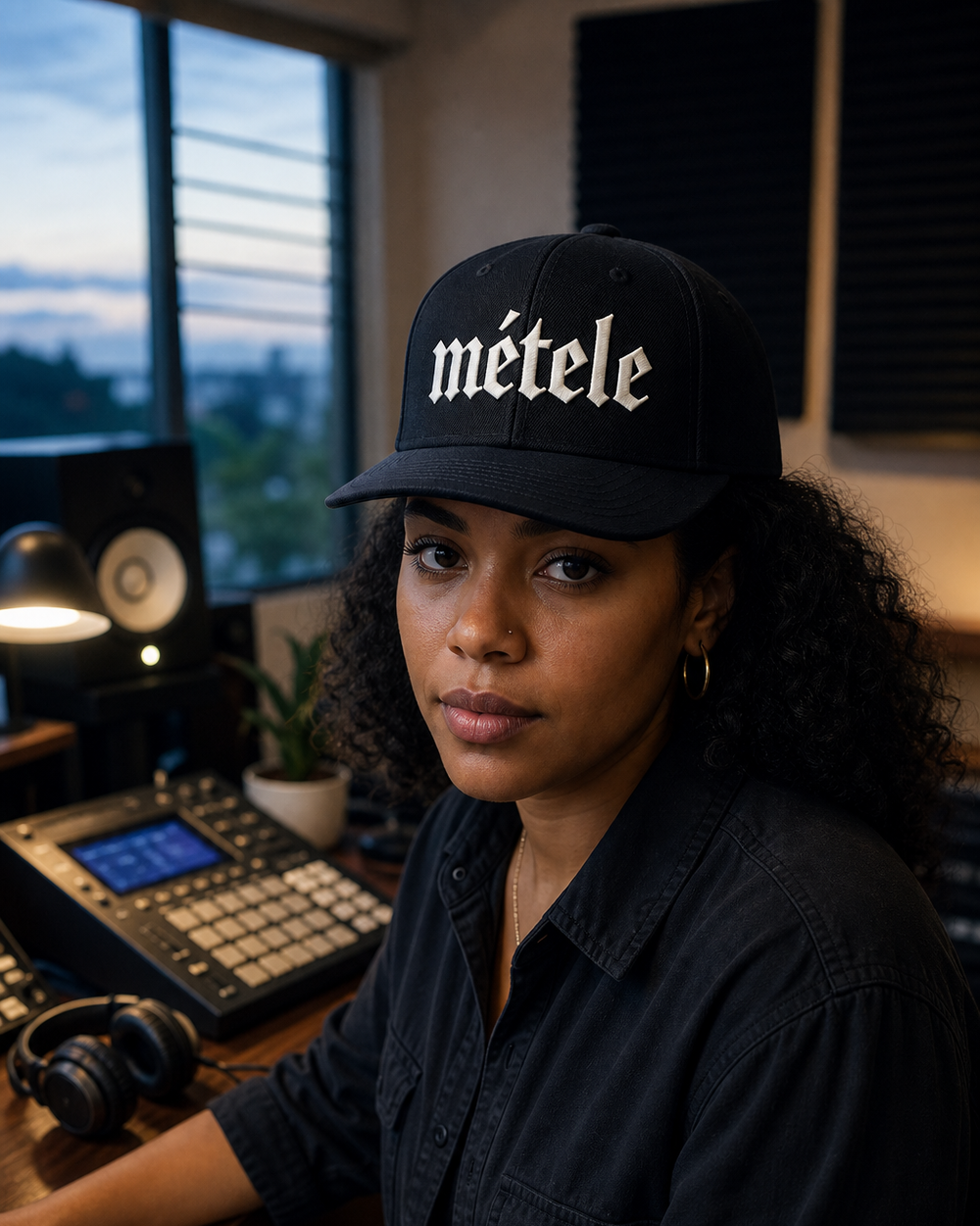 Puerto Rican adult wearing Météle Flat Bill Snapback Hat - Stylish Black Cap for Everyday Wear in a relaxed creative setting