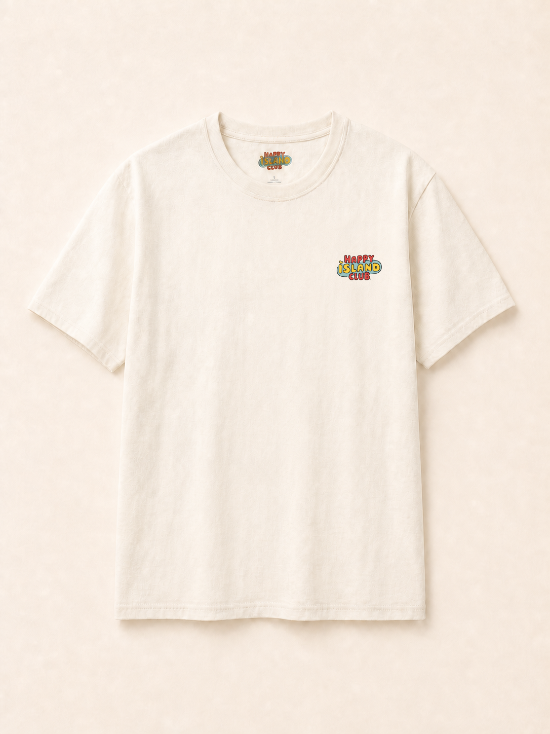 Front of No Te Pongas Chango T-Shirt with authentic Happy Island Club left-chest logo — approved Option C placement