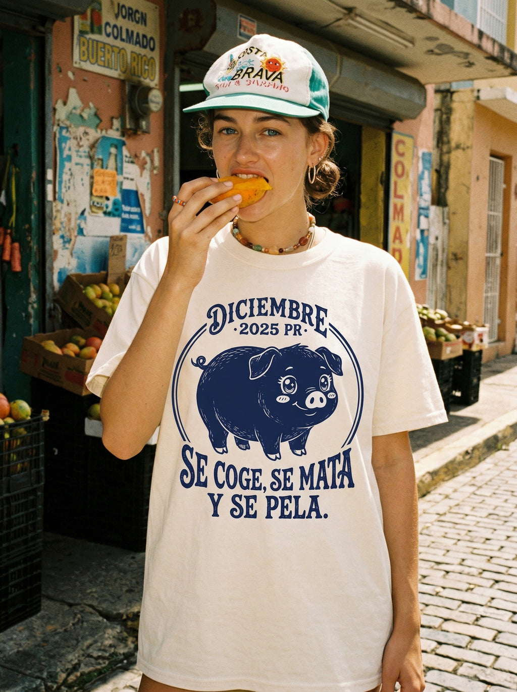 Pig Themed Festive T-Shirt — pig-themed-festive-t-shirt-lifestyle-a-eating-candid