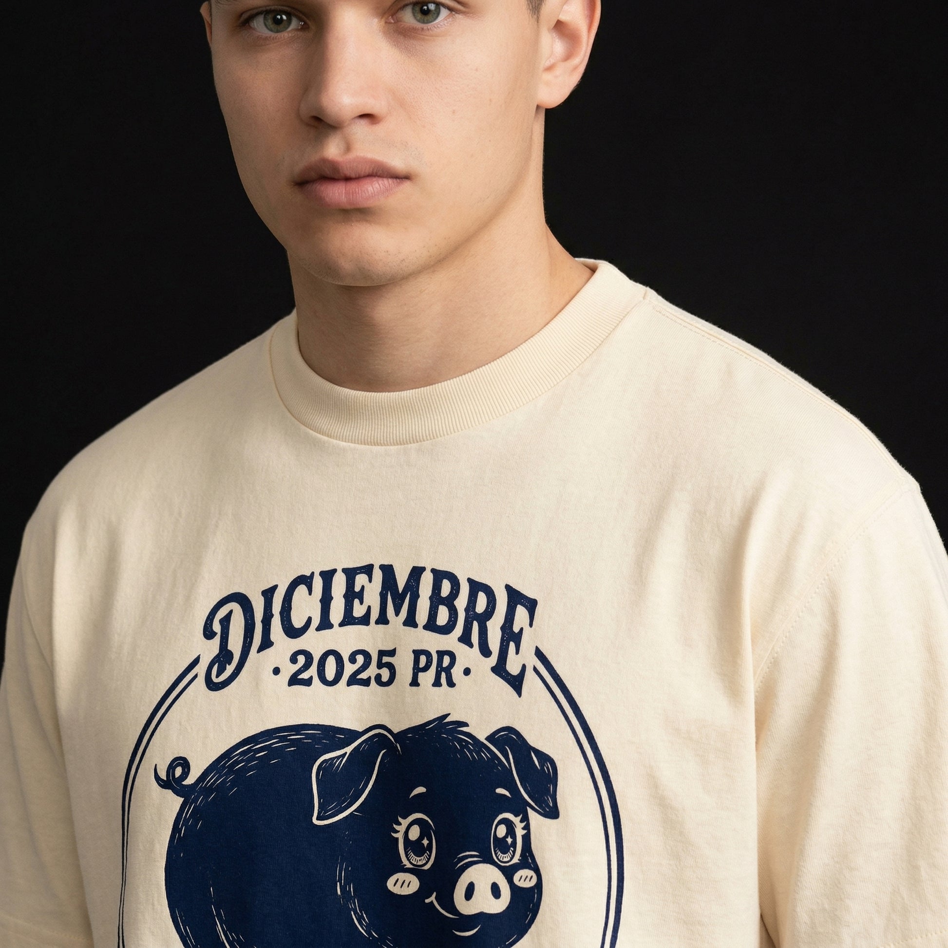 Pig Themed Festive T-Shirt — pig-themed-festive-t-shirt-studio-04-collar-shoulder