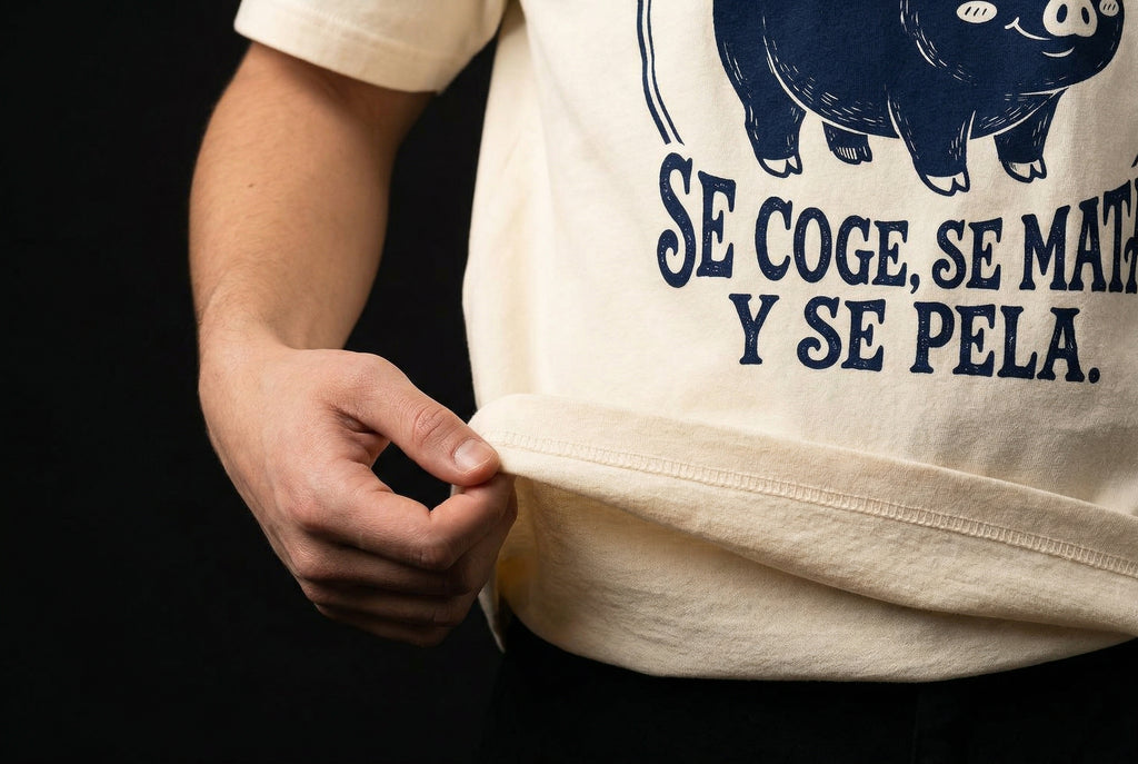 Pig Themed Festive T-Shirt — pig-themed-festive-t-shirt-studio-05-hem-hand