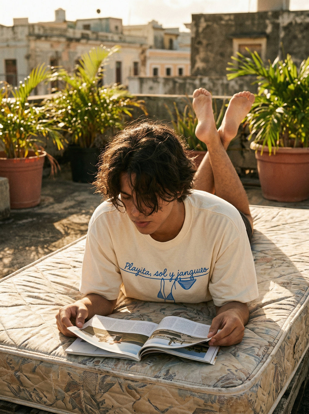 Playita, Sol y Jangueo T-Shirt — playita-sol-y-jangueo-t-shirt-lifestyle-b-prone-reading
