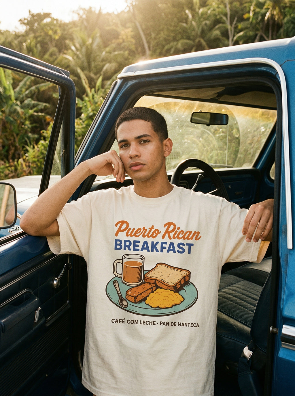 Puerto Rican Breakfast T-Shirt — puerto-rican-breakfast-t-shirt-lifestyle-a-in-car-golden-hour