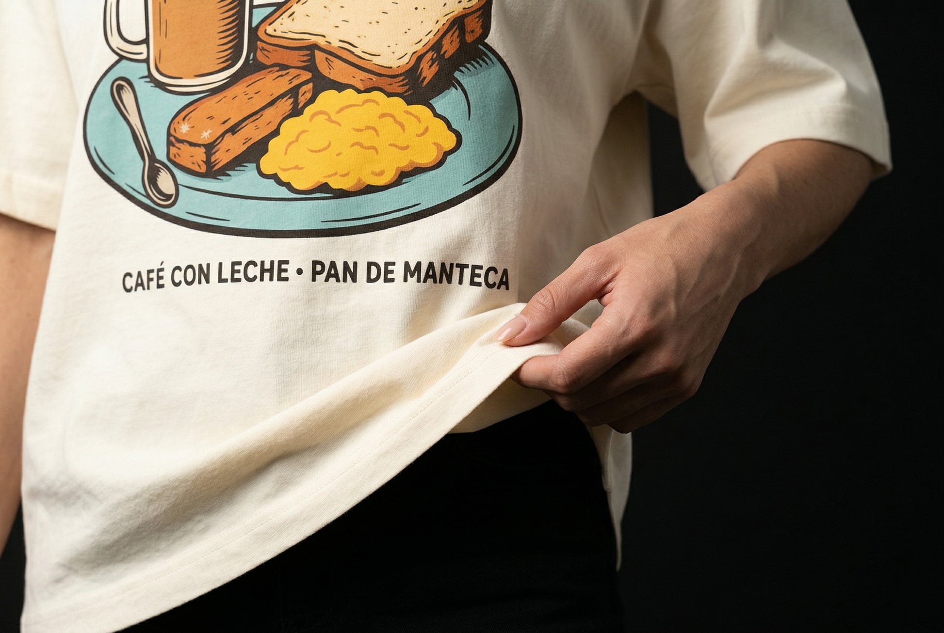 Puerto Rican Breakfast T-Shirt — puerto-rican-breakfast-t-shirt-studio-05-hem-hand