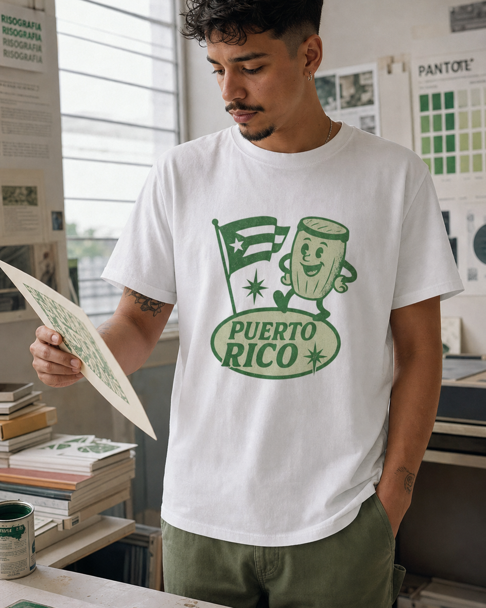 Puerto Rican adult wearing Puerto Rico Pride T-Shirt in a relaxed creative setting