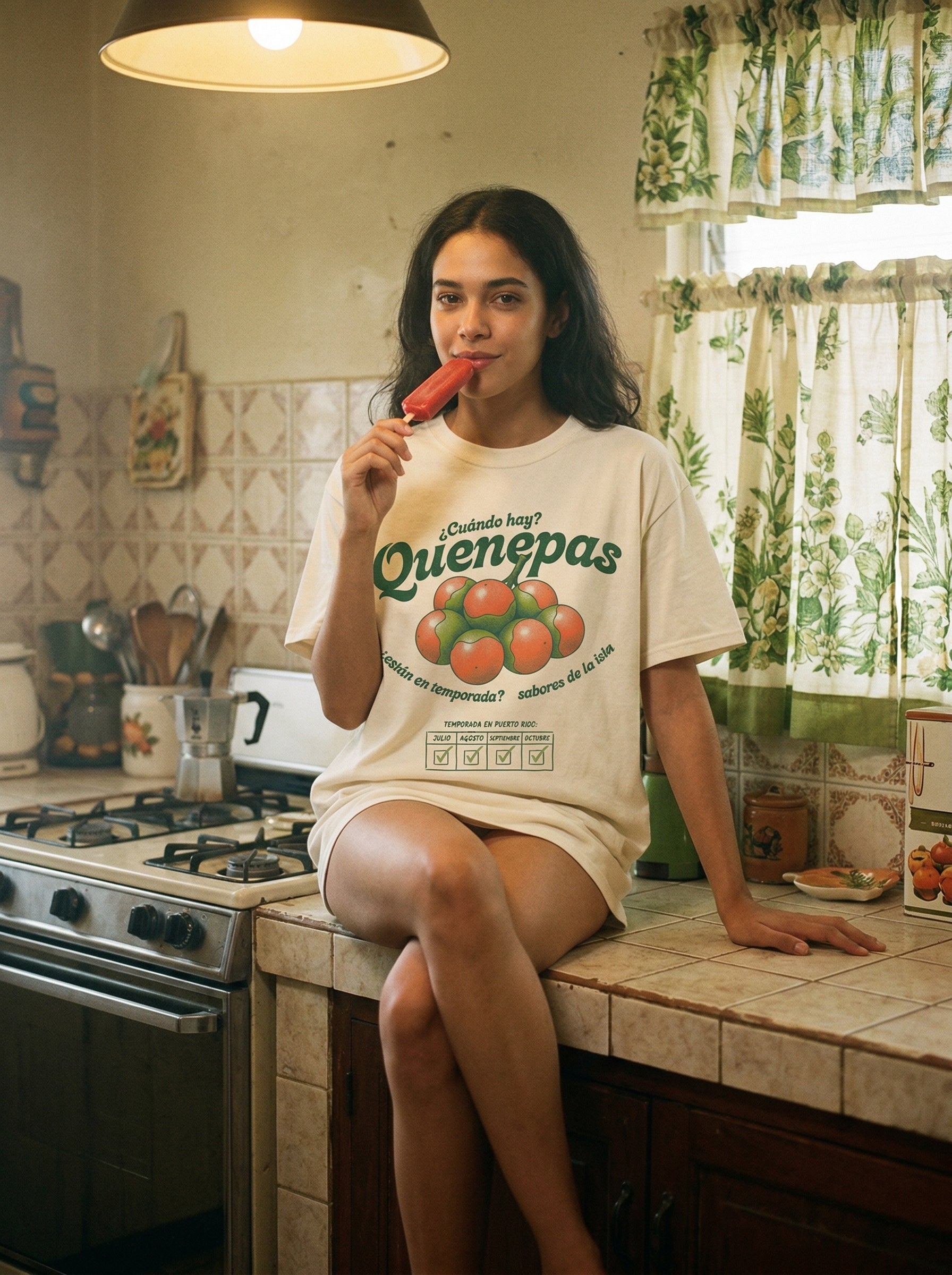 Quenepas Seasonal T-Shirt — quenepas-seasonal-t-shirt-lifestyle-b-kitchen-counter-perch