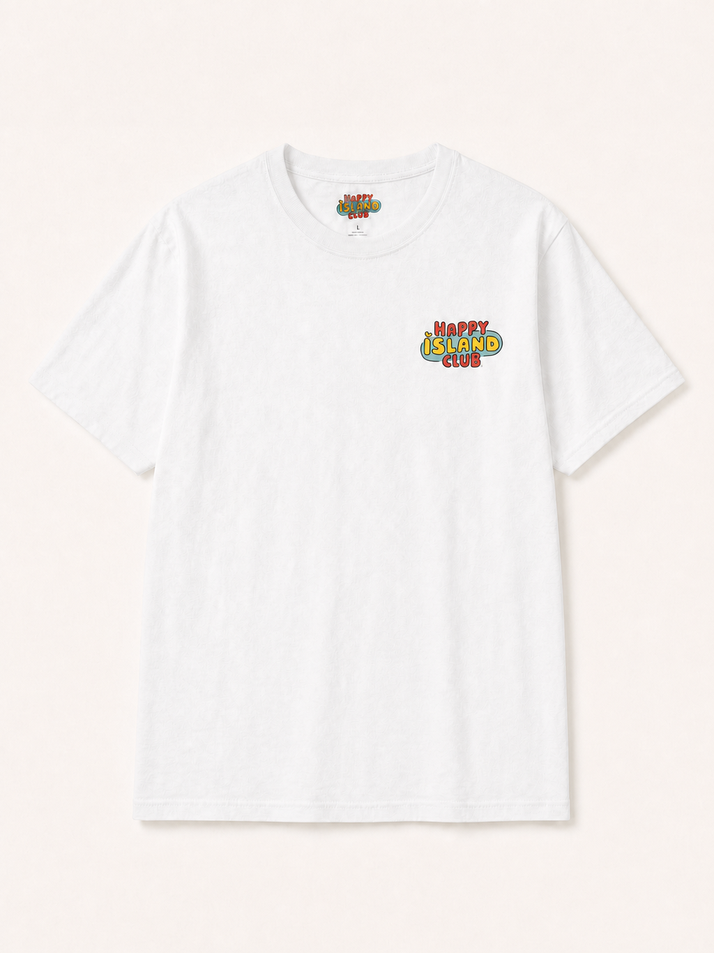 Front of Salmorejo de Jueyes T-Shirt with artwork-matched Happy Island Club left-breast logo, integrated by Images 2.0