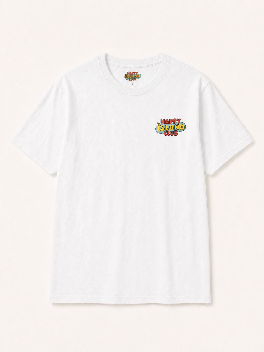 Front of Salmorejo de Jueyes T-Shirt with artwork-matched Happy Island Club left-breast logo, integrated by Images 2.0