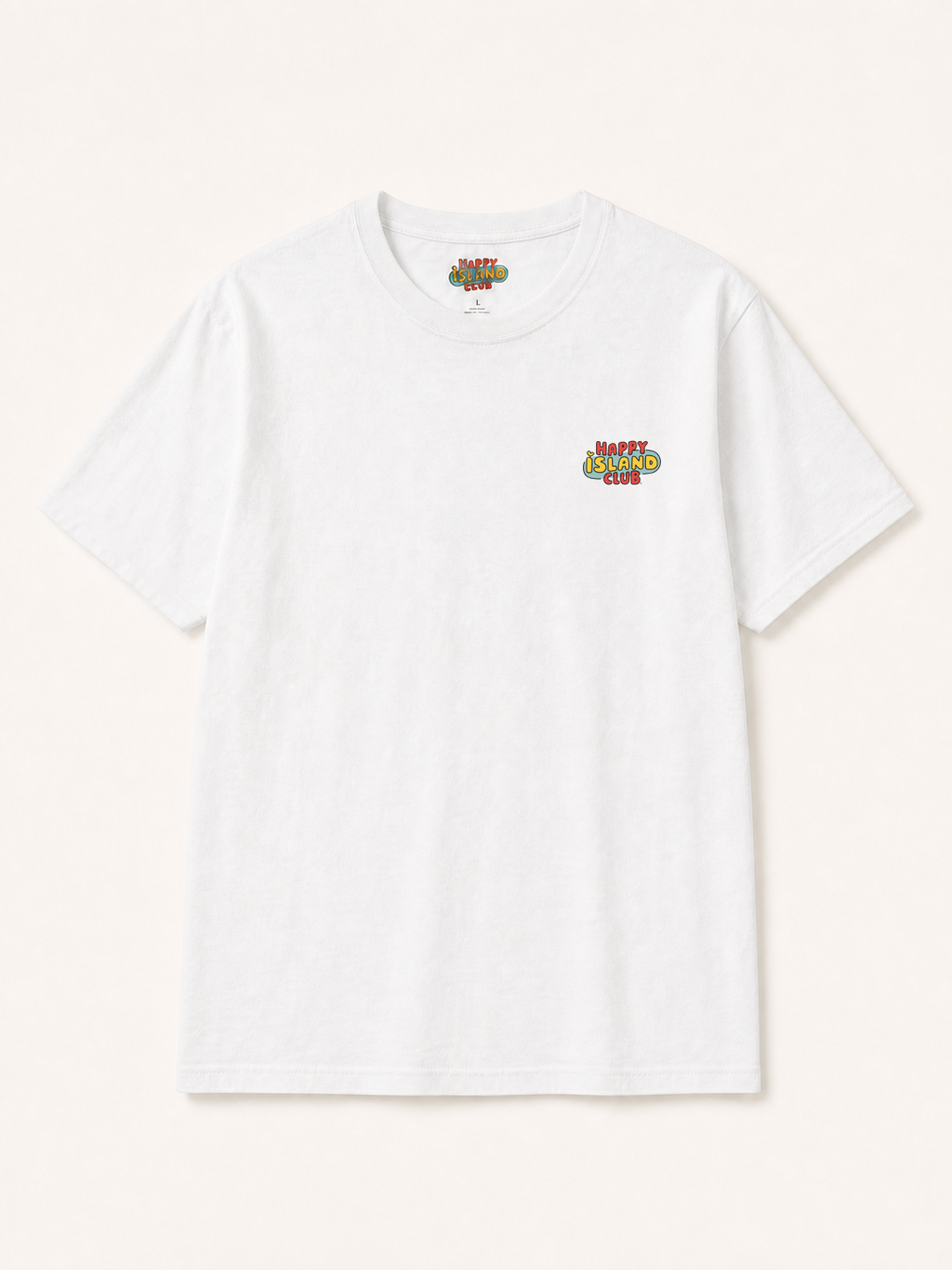 Front of Salmorejo de Jueyes T-Shirt with authentic Happy Island Club left-chest logo — approved Option C placement