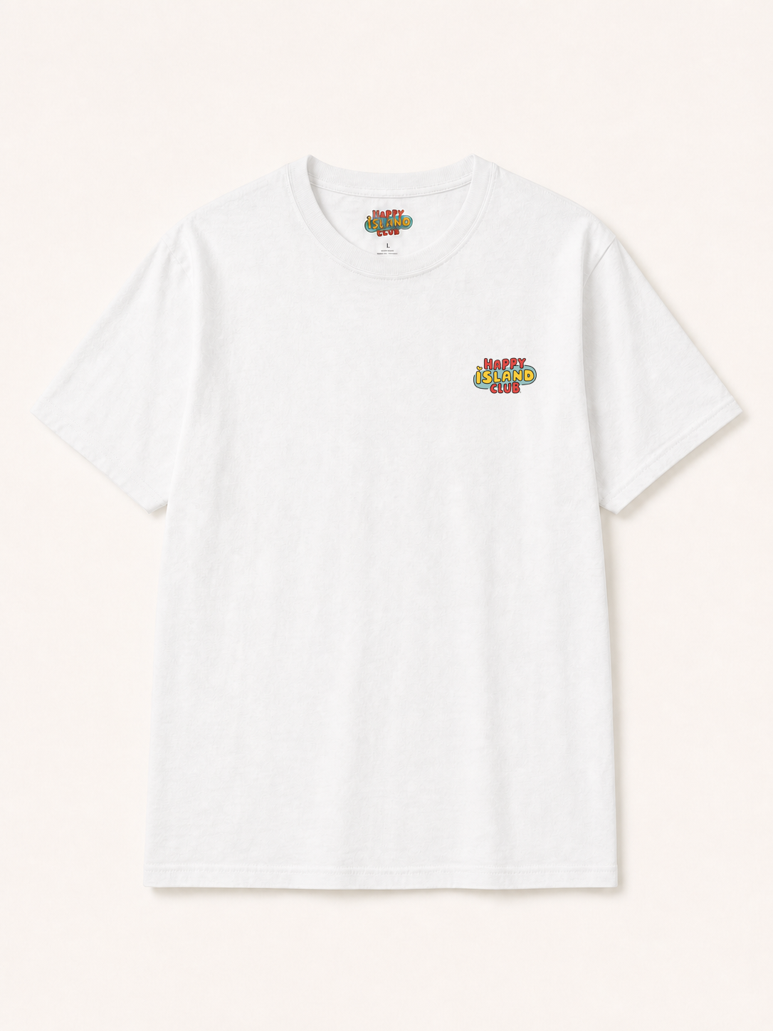 Front of Salmorejo de Jueyes T-Shirt with authentic Happy Island Club left-chest logo — approved Option C placement