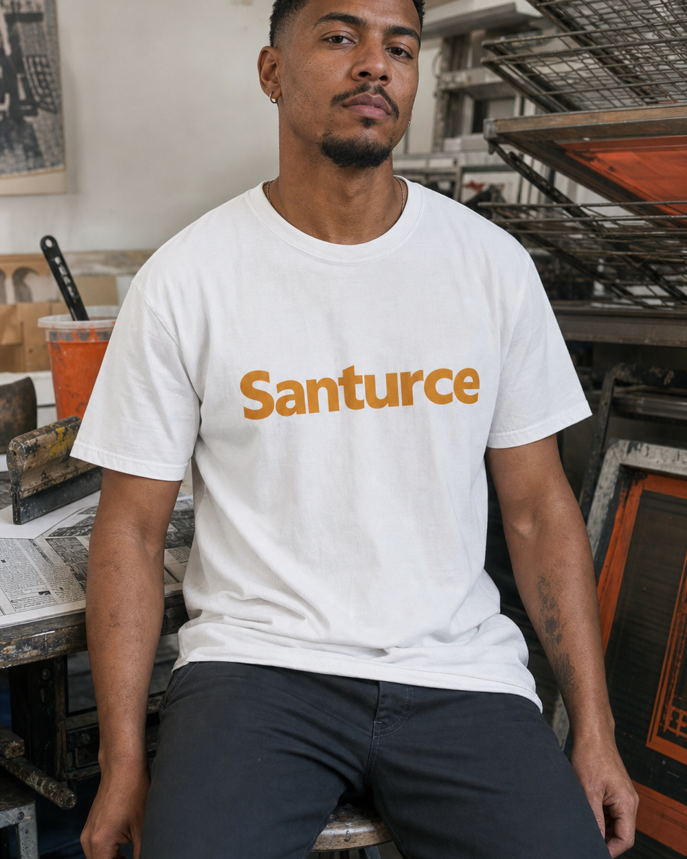 Puerto Rican adult wearing Santurce T-shirt in a relaxed creative setting