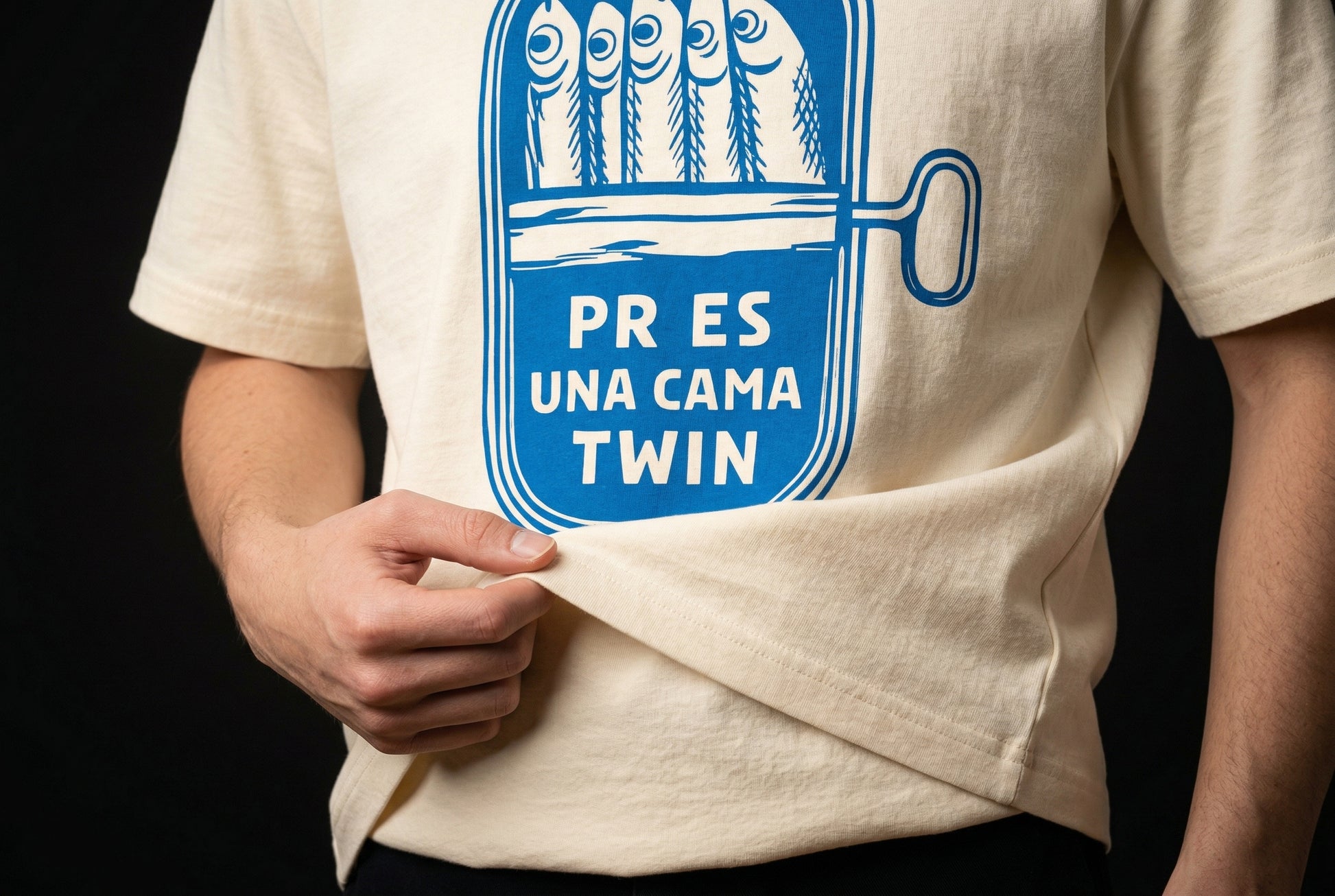 Sardine Can Humor T-Shirt — sardine-can-humor-t-shirt-studio-05-hem-hand
