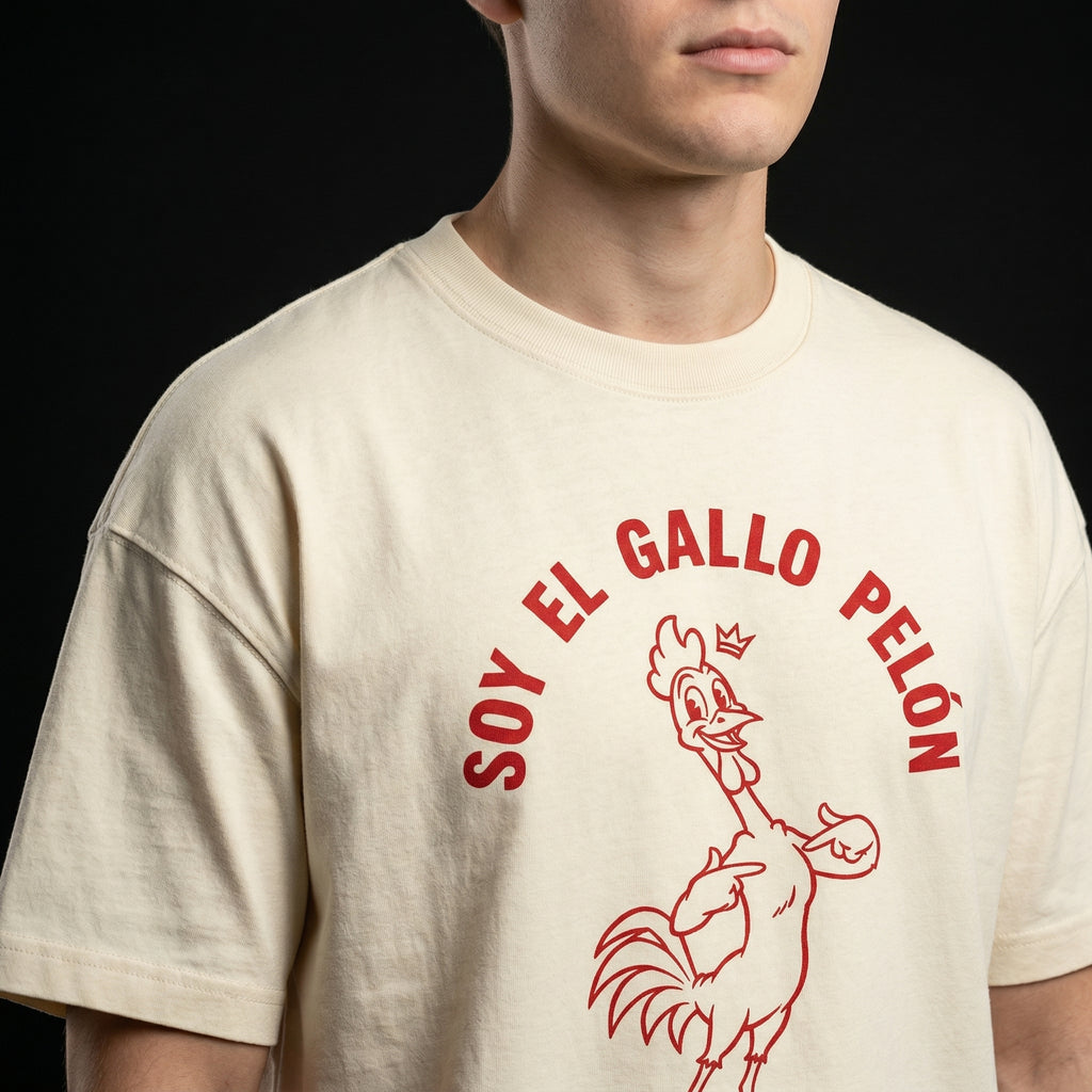 Soy El Gallo Pelón T-Shirt — soy-el-gallo-pel-n-t-shirt-studio-04-collar-shoulder